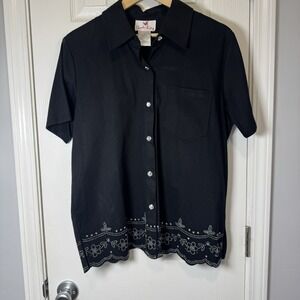 The Quacker Factory Shirt Rhinestone WOMENS SIZE‎ M Button Short Sleeve Black